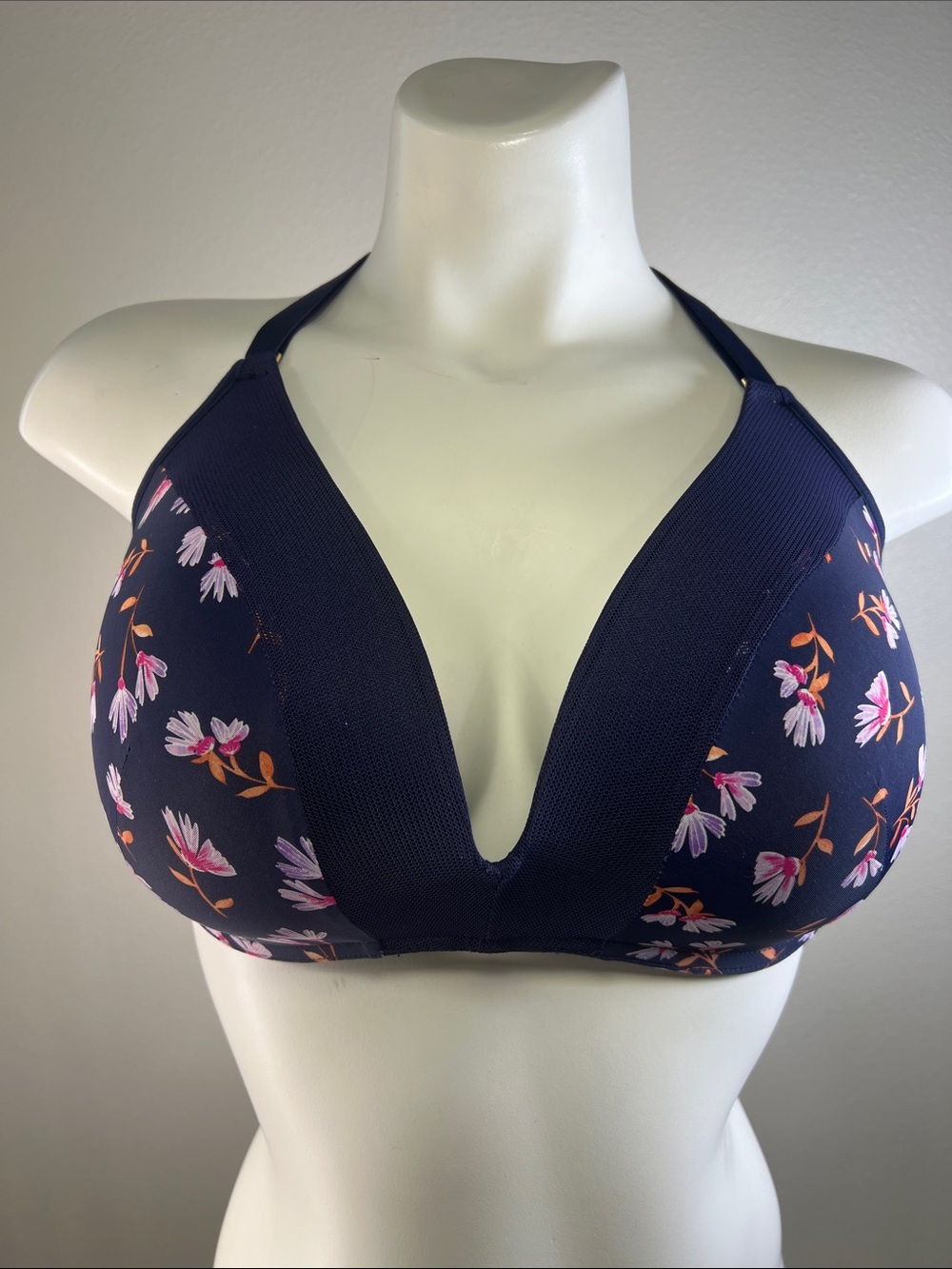 Lively Navy Wireless Deep-V Plunge Bra with Pink & Orange Floral Accents 38DD